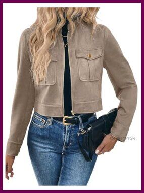 Zip Up Faux Suede Motorcycle Cargo Crop Jacket